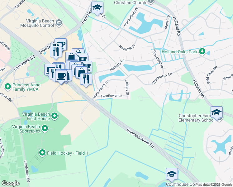 map of restaurants, bars, coffee shops, grocery stores, and more near 3221 Twinflower Lane in Virginia Beach
