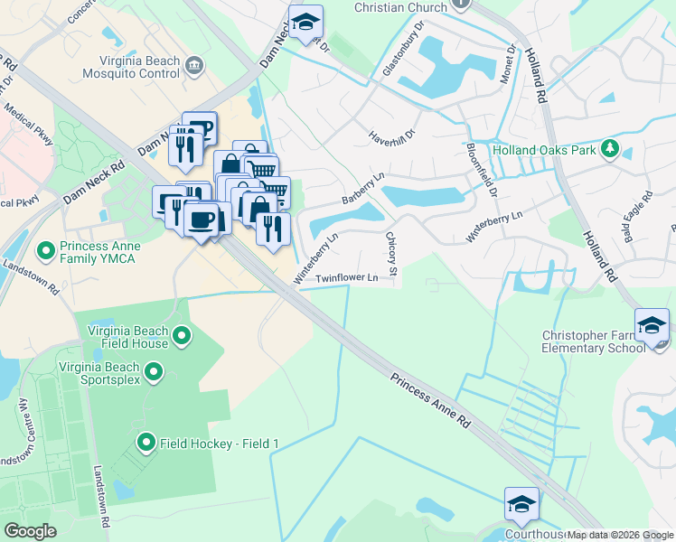 map of restaurants, bars, coffee shops, grocery stores, and more near 3257 Twinflower Lane in Virginia Beach