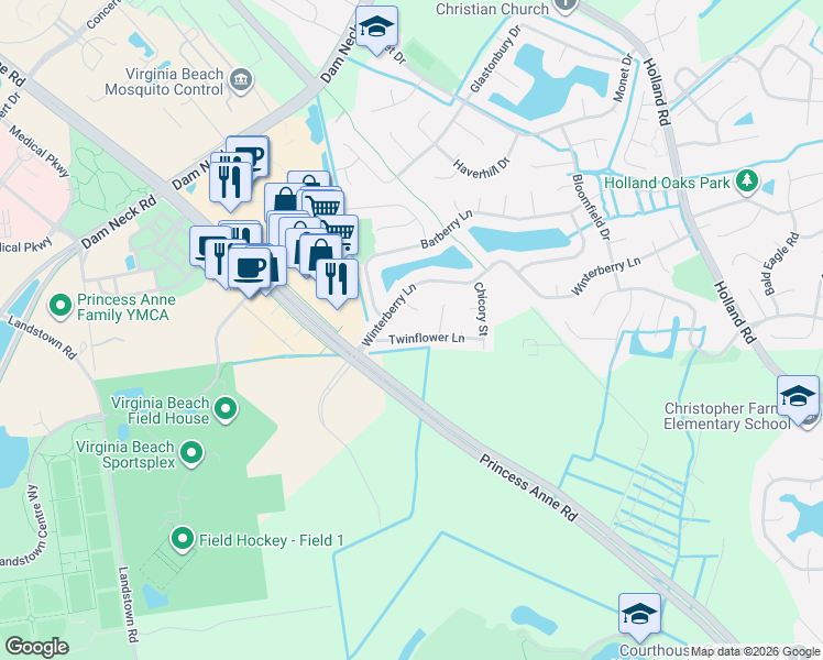 map of restaurants, bars, coffee shops, grocery stores, and more near 3257 Twinflower Lane in Virginia Beach