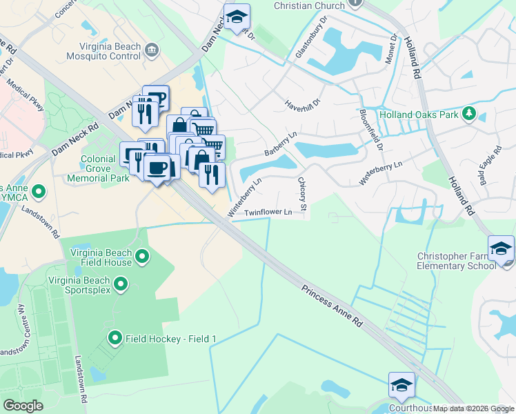 map of restaurants, bars, coffee shops, grocery stores, and more near 3257 Twinflower Lane in Virginia Beach