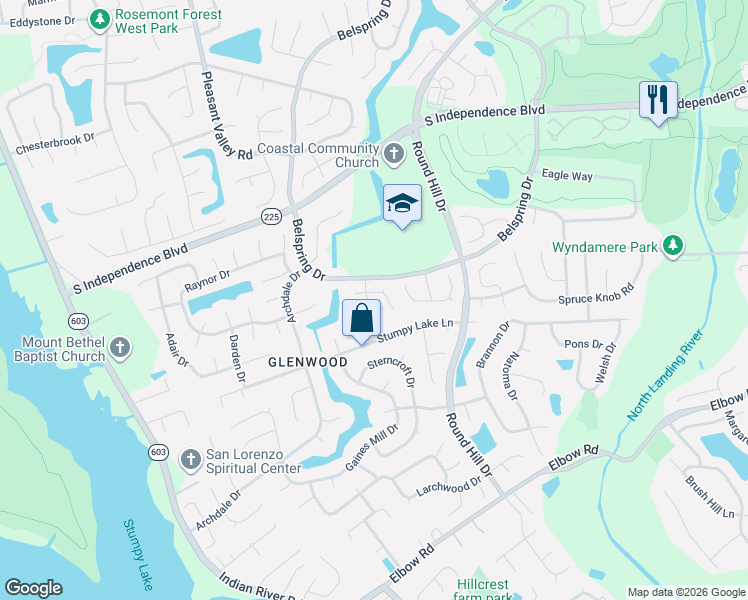 map of restaurants, bars, coffee shops, grocery stores, and more near 909 Roundtable Court in Virginia Beach