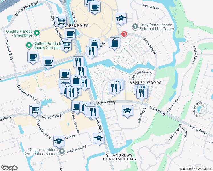 map of restaurants, bars, coffee shops, grocery stores, and more near 932 Sugar Tree Court in Chesapeake