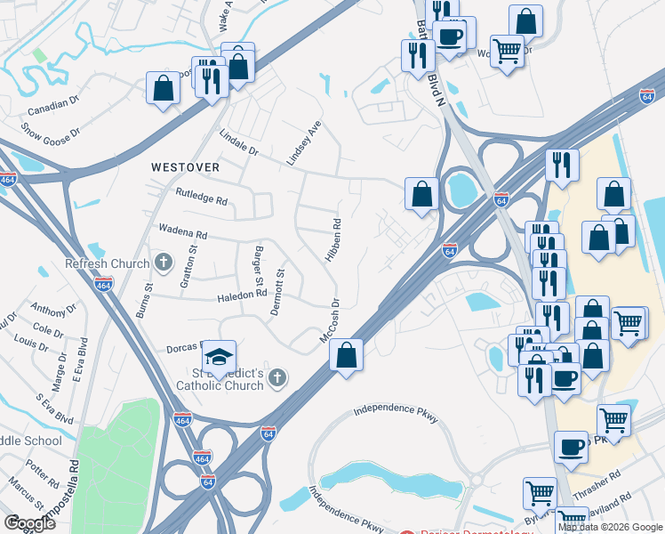 map of restaurants, bars, coffee shops, grocery stores, and more near 211 McCosh Drive in Chesapeake