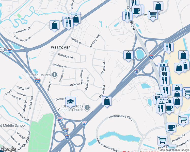 map of restaurants, bars, coffee shops, grocery stores, and more near 213 McCosh Drive in Chesapeake