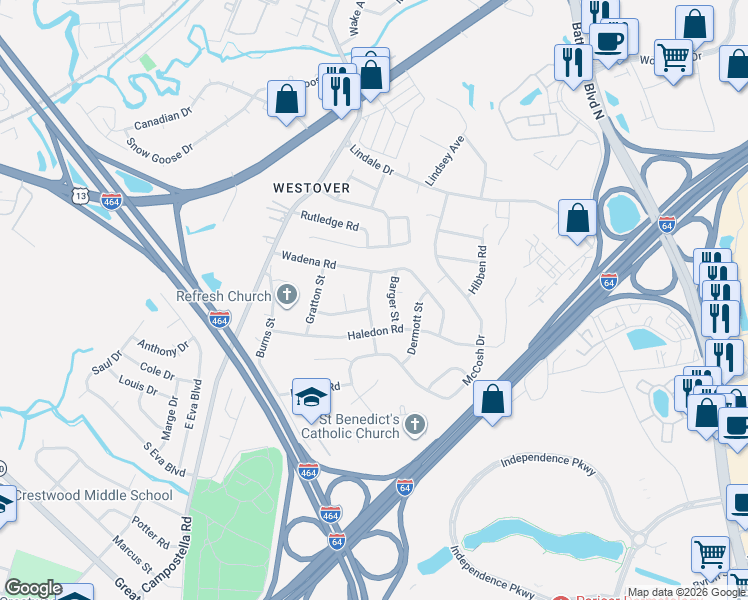 map of restaurants, bars, coffee shops, grocery stores, and more near 4710 Barger Street in Chesapeake