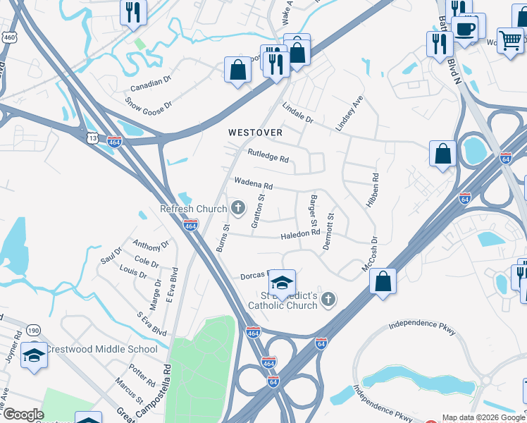 map of restaurants, bars, coffee shops, grocery stores, and more near 4713 Gratton Street in Chesapeake