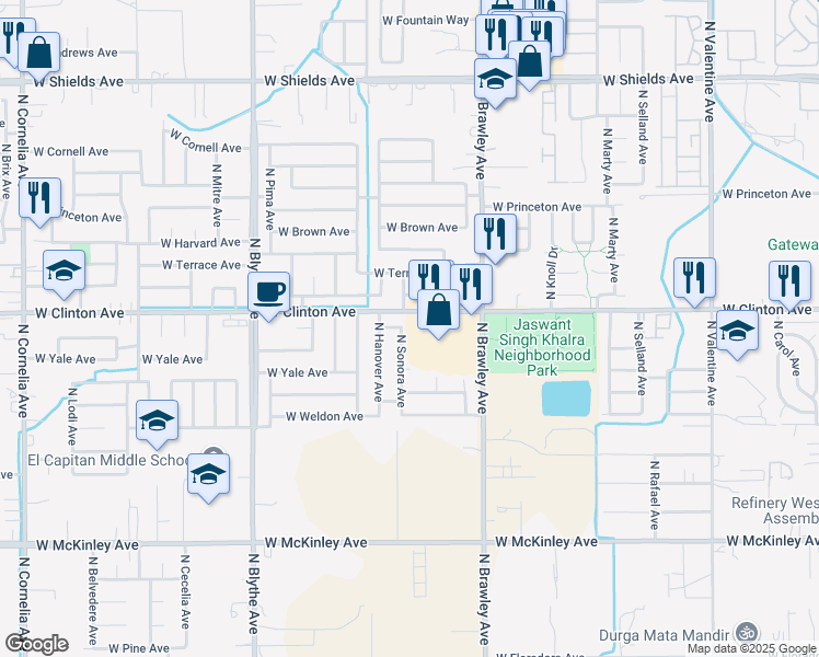 map of restaurants, bars, coffee shops, grocery stores, and more near 2372 North Sonora Lane in Fresno