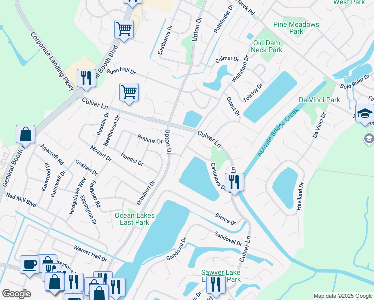 map of restaurants, bars, coffee shops, grocery stores, and more near 1097 Casanova Drive in Virginia Beach