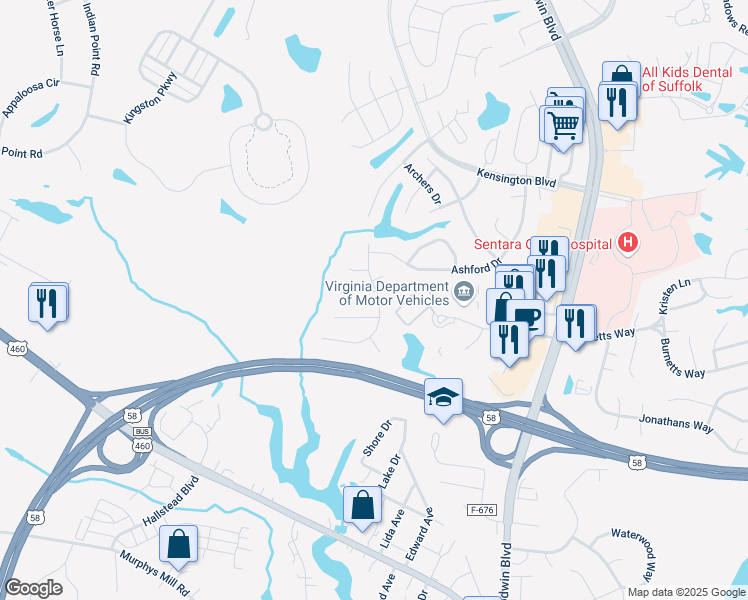 map of restaurants, bars, coffee shops, grocery stores, and more near 506 Kemp Landing in Suffolk