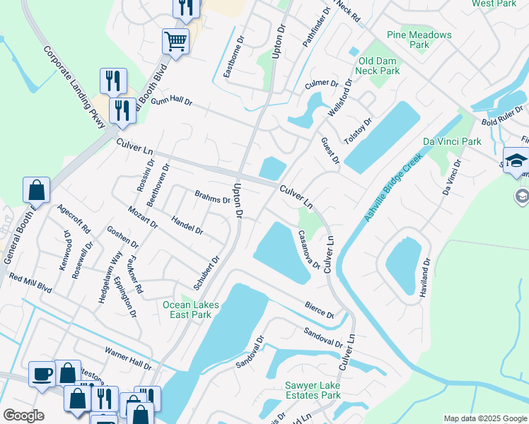 map of restaurants, bars, coffee shops, grocery stores, and more near 1097 Casanova Drive in Virginia Beach