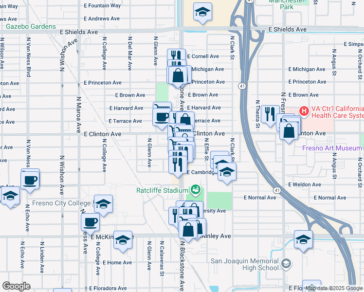 map of restaurants, bars, coffee shops, grocery stores, and more near N Blackstone Ave & E Vassar Ave in Fresno
