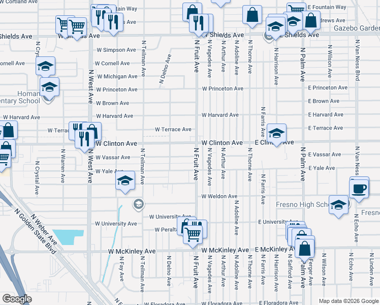 map of restaurants, bars, coffee shops, grocery stores, and more near 535 West Vassar Avenue in Fresno