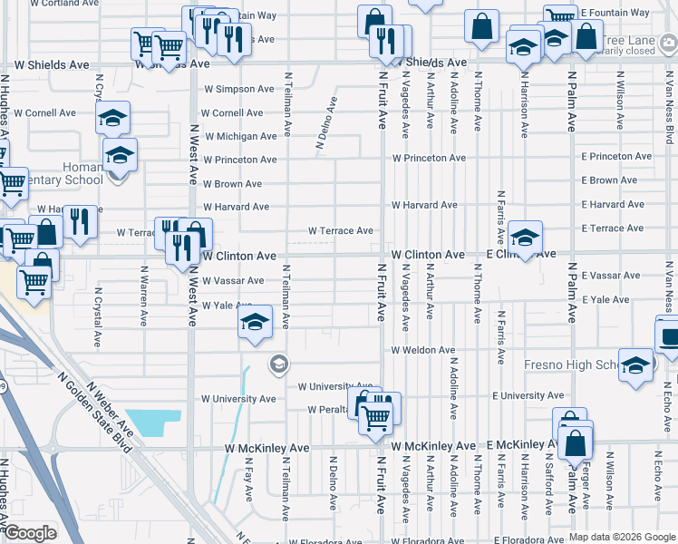 map of restaurants, bars, coffee shops, grocery stores, and more near 705 West Vassar Avenue in Fresno