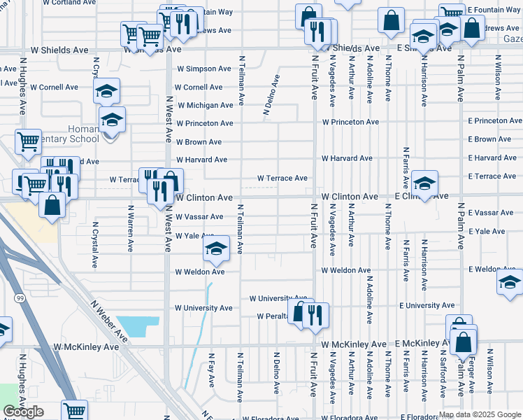 map of restaurants, bars, coffee shops, grocery stores, and more near 825 West Vassar Avenue in Fresno