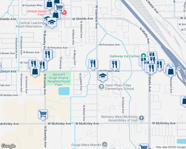 map of restaurants, bars, coffee shops, grocery stores, and more near 3513 West Clinton Avenue in Fresno