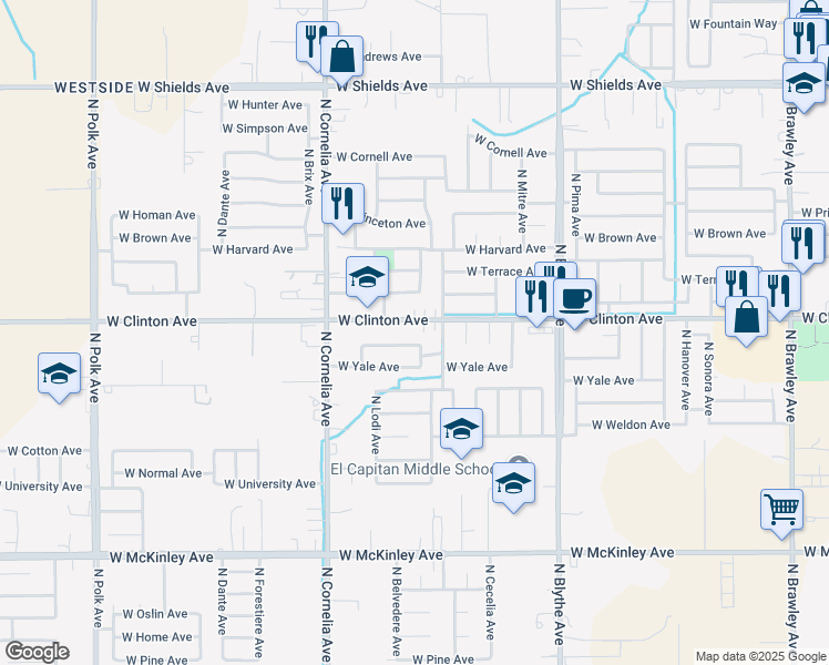 map of restaurants, bars, coffee shops, grocery stores, and more near 4643 West Vassar Avenue in Fresno