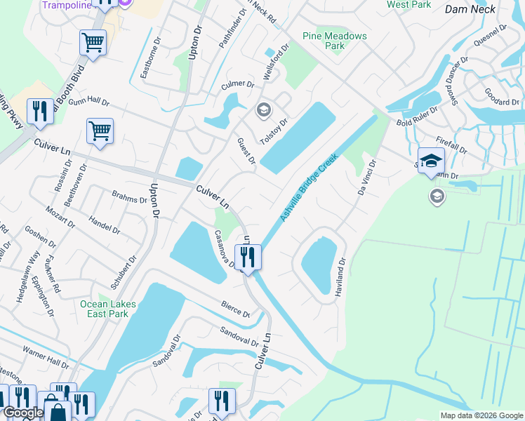 map of restaurants, bars, coffee shops, grocery stores, and more near 1912 Bernstein Drive in Virginia Beach