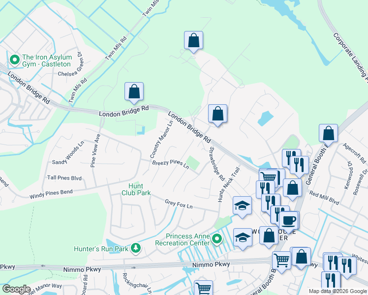 map of restaurants, bars, coffee shops, grocery stores, and more near 2229 Bartholomews Crossing in Virginia Beach