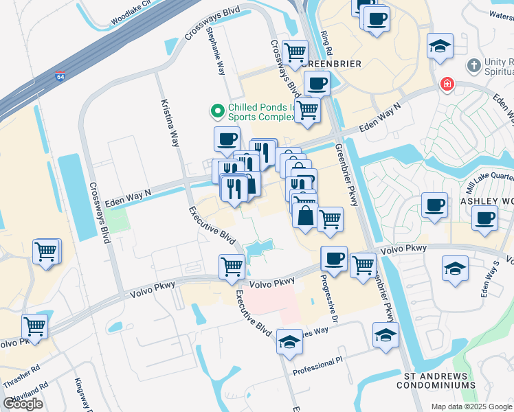 map of restaurants, bars, coffee shops, grocery stores, and more near 745 Eden Way North in Chesapeake