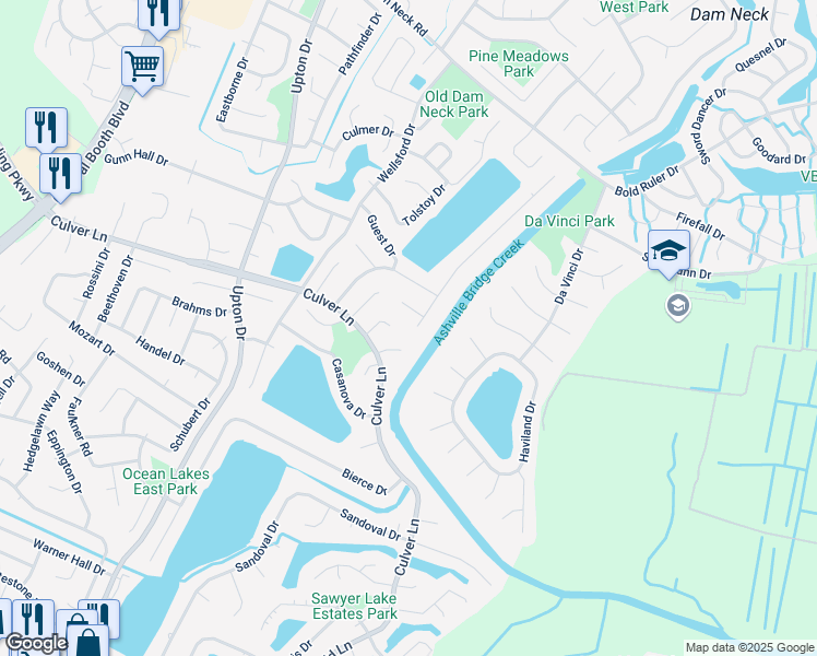 map of restaurants, bars, coffee shops, grocery stores, and more near 1913 Bernstein Drive in Virginia Beach