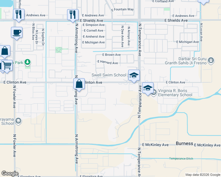 map of restaurants, bars, coffee shops, grocery stores, and more near 6737 East Clinton Avenue in Fresno