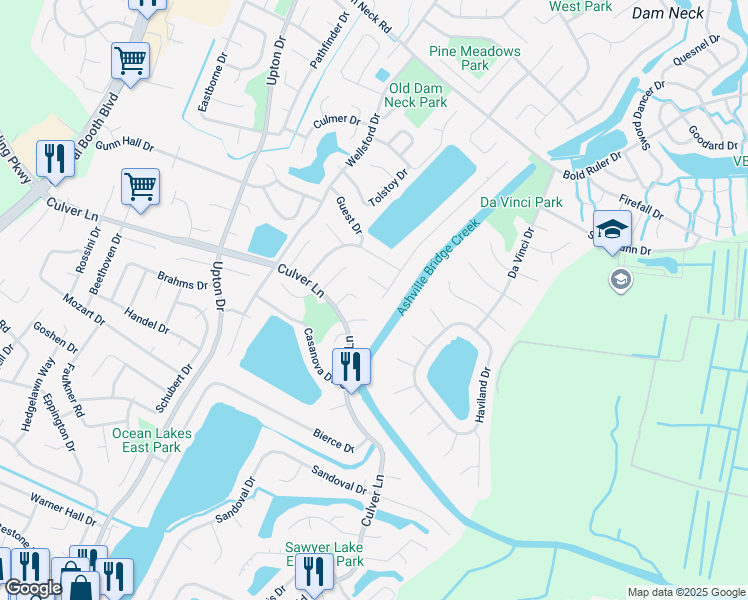 map of restaurants, bars, coffee shops, grocery stores, and more near 1913 Bernstein Drive in Virginia Beach