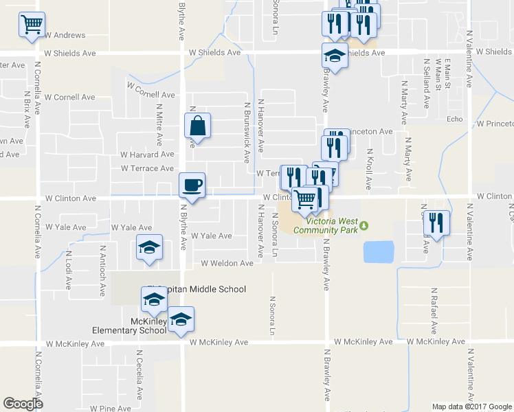 map of restaurants, bars, coffee shops, grocery stores, and more near 2351 North Hanover Avenue in Fresno