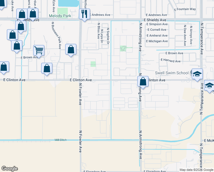 map of restaurants, bars, coffee shops, grocery stores, and more near 6255 East Clinton Avenue in Fresno