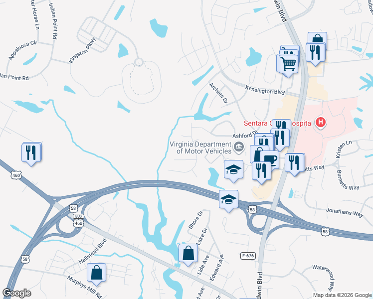 map of restaurants, bars, coffee shops, grocery stores, and more near 407 Keaton Way in Suffolk
