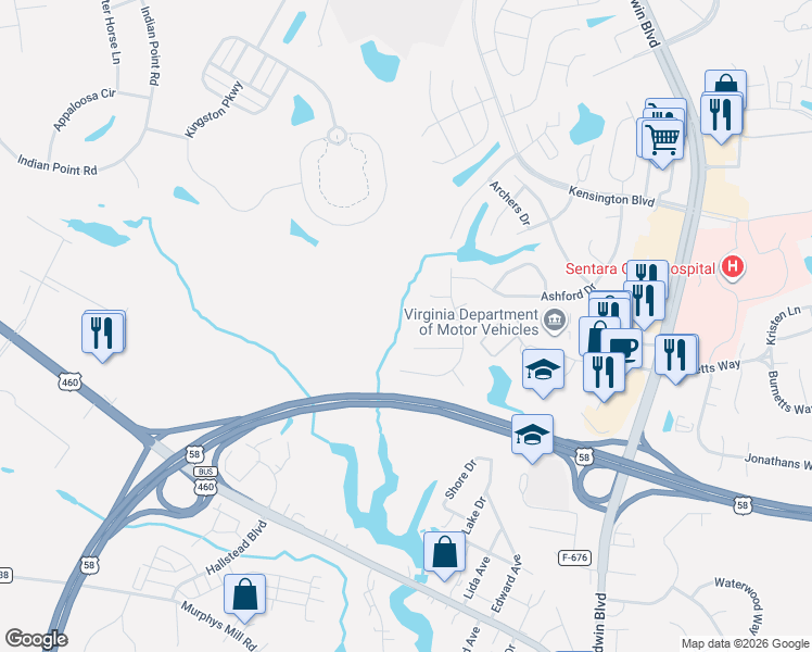 map of restaurants, bars, coffee shops, grocery stores, and more near 520 Kemp Landing in Suffolk