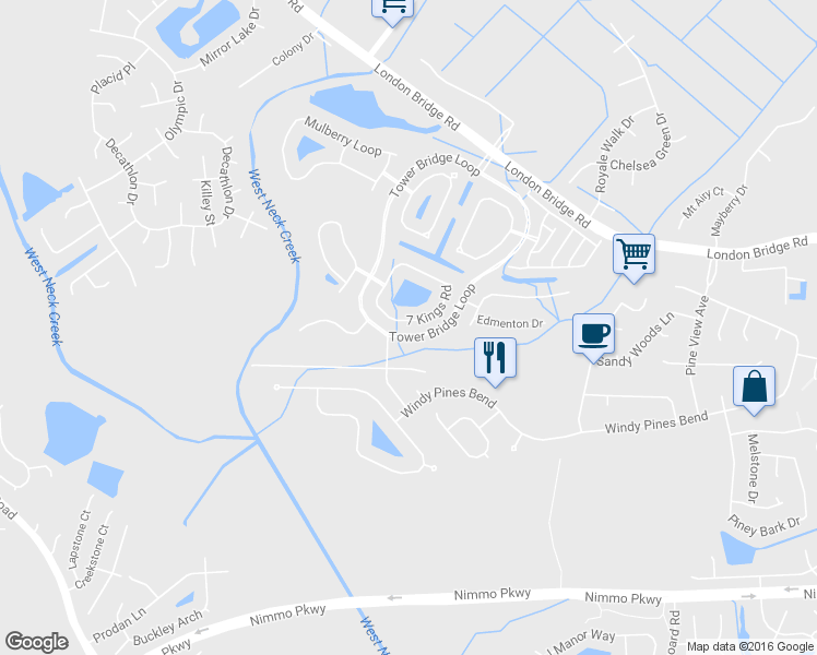 map of restaurants, bars, coffee shops, grocery stores, and more near 2448 7 Kings Road in Virginia Beach