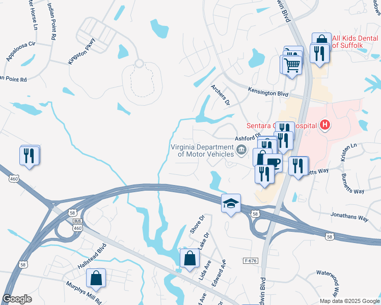 map of restaurants, bars, coffee shops, grocery stores, and more near 405 Keaton Way in Suffolk