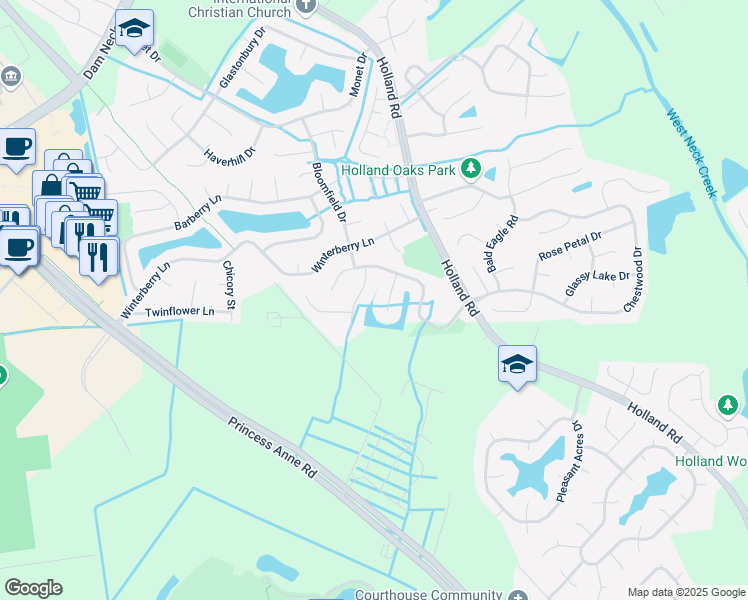 map of restaurants, bars, coffee shops, grocery stores, and more near 2021 Damascus Court in Virginia Beach