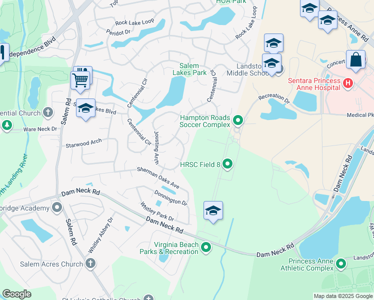 map of restaurants, bars, coffee shops, grocery stores, and more near 3985 Jousting Arch in Virginia Beach