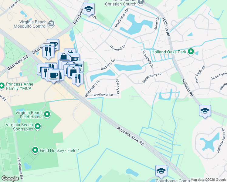 map of restaurants, bars, coffee shops, grocery stores, and more near 2004 Dober Court in Virginia Beach