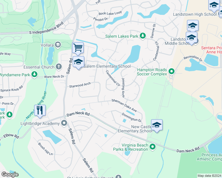 map of restaurants, bars, coffee shops, grocery stores, and more near 3956 Kiwanis Loop in Virginia Beach