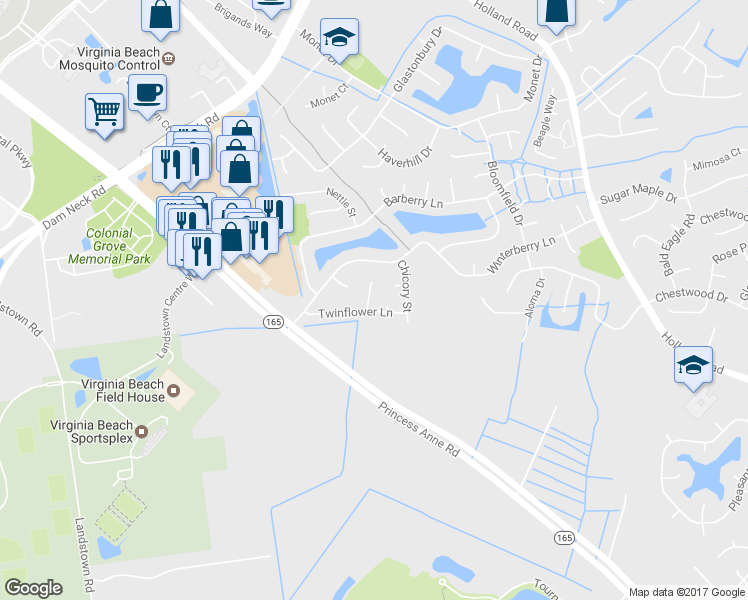 map of restaurants, bars, coffee shops, grocery stores, and more near 2024 Twinflower Court in Virginia Beach