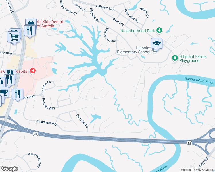 map of restaurants, bars, coffee shops, grocery stores, and more near 143 Mallard Drive in Suffolk