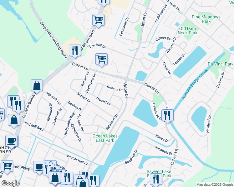 map of restaurants, bars, coffee shops, grocery stores, and more near 1916 Ravel Drive in Virginia Beach