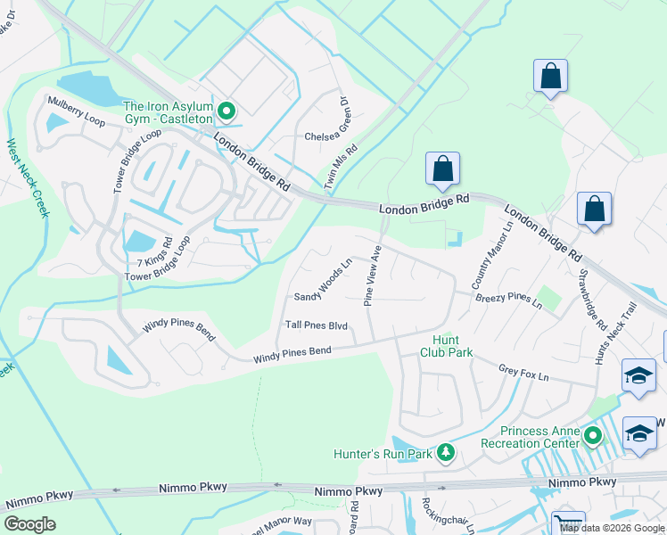 map of restaurants, bars, coffee shops, grocery stores, and more near 2256 Sandy Woods Lane in Virginia Beach