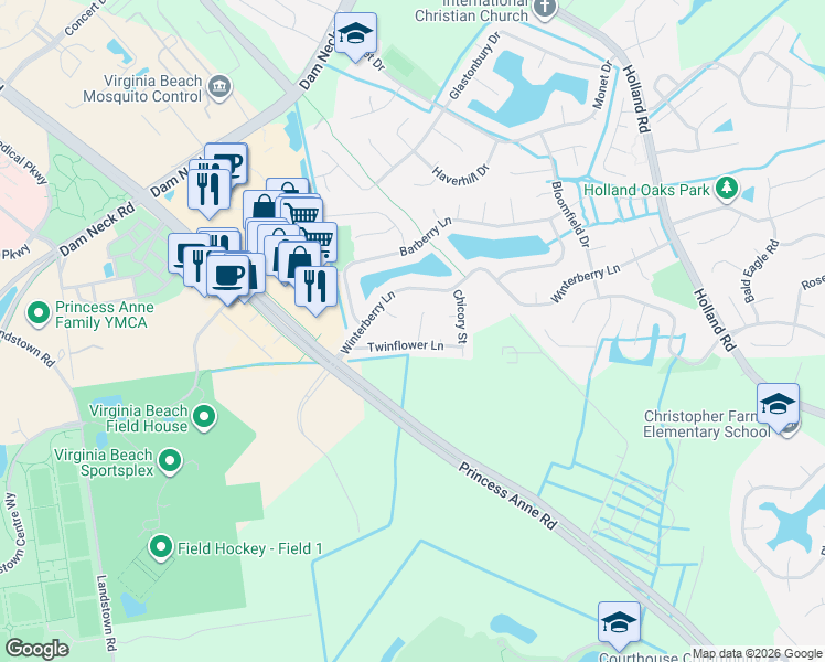map of restaurants, bars, coffee shops, grocery stores, and more near 3221 Twinflower Lane in Virginia Beach