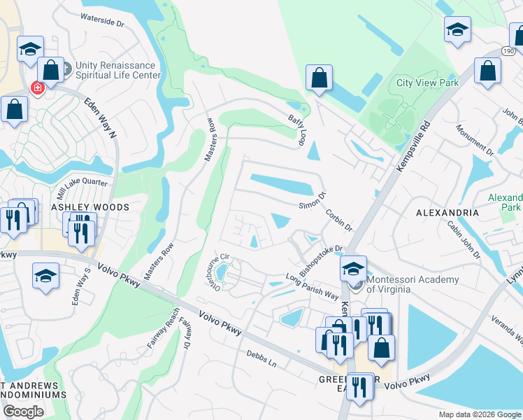 map of restaurants, bars, coffee shops, grocery stores, and more near 1417 Blairwood Lane in Chesapeake