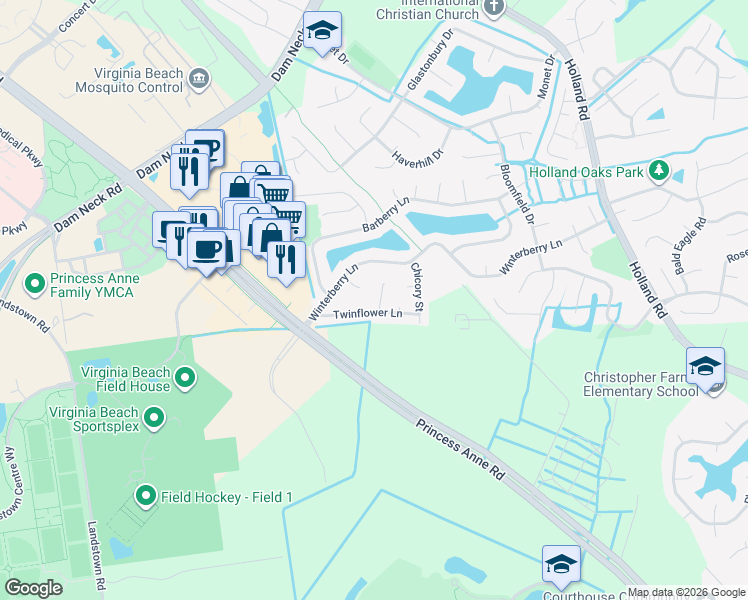 map of restaurants, bars, coffee shops, grocery stores, and more near 3221 Twinflower Lane in Virginia Beach