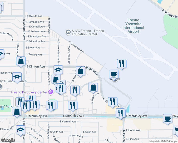 map of restaurants, bars, coffee shops, grocery stores, and more near 5060 East Clinton Way in Fresno