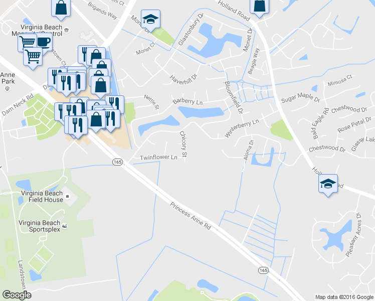 map of restaurants, bars, coffee shops, grocery stores, and more near 2036 Chicory Street in Virginia Beach