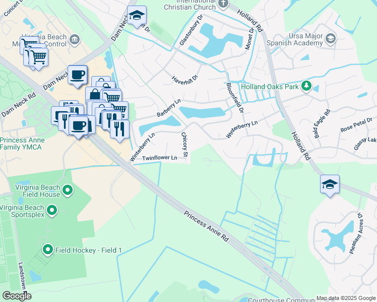 map of restaurants, bars, coffee shops, grocery stores, and more near 2036 Chicory Street in Virginia Beach