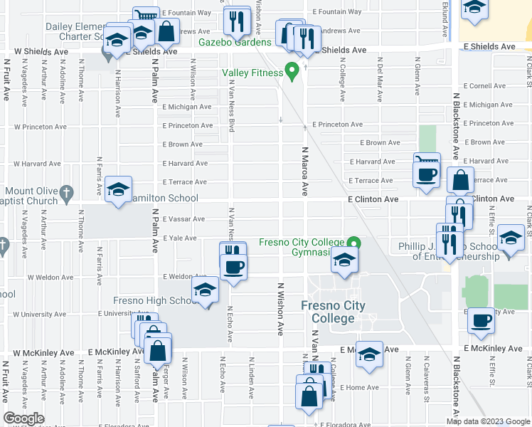 map of restaurants, bars, coffee shops, grocery stores, and more near 721 East Vassar Avenue in Fresno