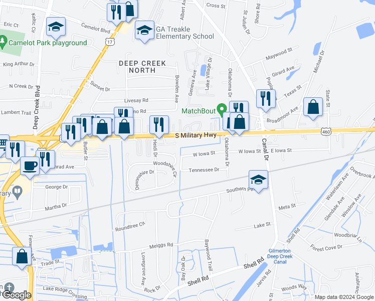 map of restaurants, bars, coffee shops, grocery stores, and more near 2240 Iowa Street in Chesapeake