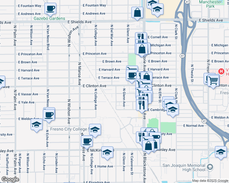map of restaurants, bars, coffee shops, grocery stores, and more near 2224 North San Pablo Avenue in Fresno
