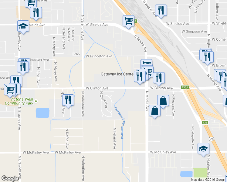 map of restaurants, bars, coffee shops, grocery stores, and more near 2348 North Hazel Avenue in Fresno